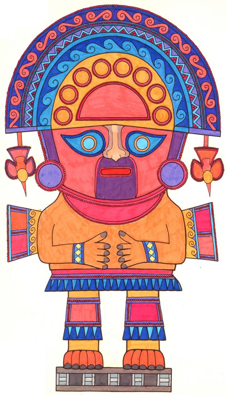 a drawing of a person wearing an elaborate headdress and holding two hands in one hand