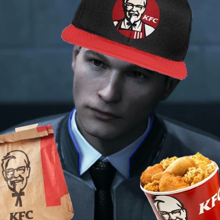 a man wearing a kfc hat and holding a bucket of fried chicken