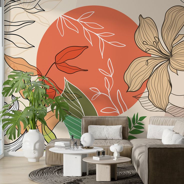 a living room with an orange and white wall mural on the wall next to a couch