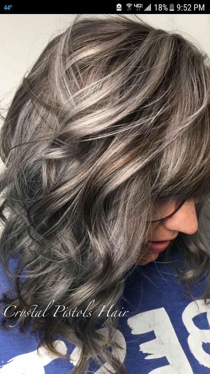 Blend Grey Into Brown Hair, Best Grey Coverage For Dark Hair, Grey On Dark Hair, Grey Blending Highlights Dark Brown Short Hair, Gray Hair Highlights Silver Ash Blonde, Light Brown Hair With Grey Highlights, Brown Hair Grey Highlights, Dark Brown Hair With Ash Highlights, Grey Streaks In Brown Hair