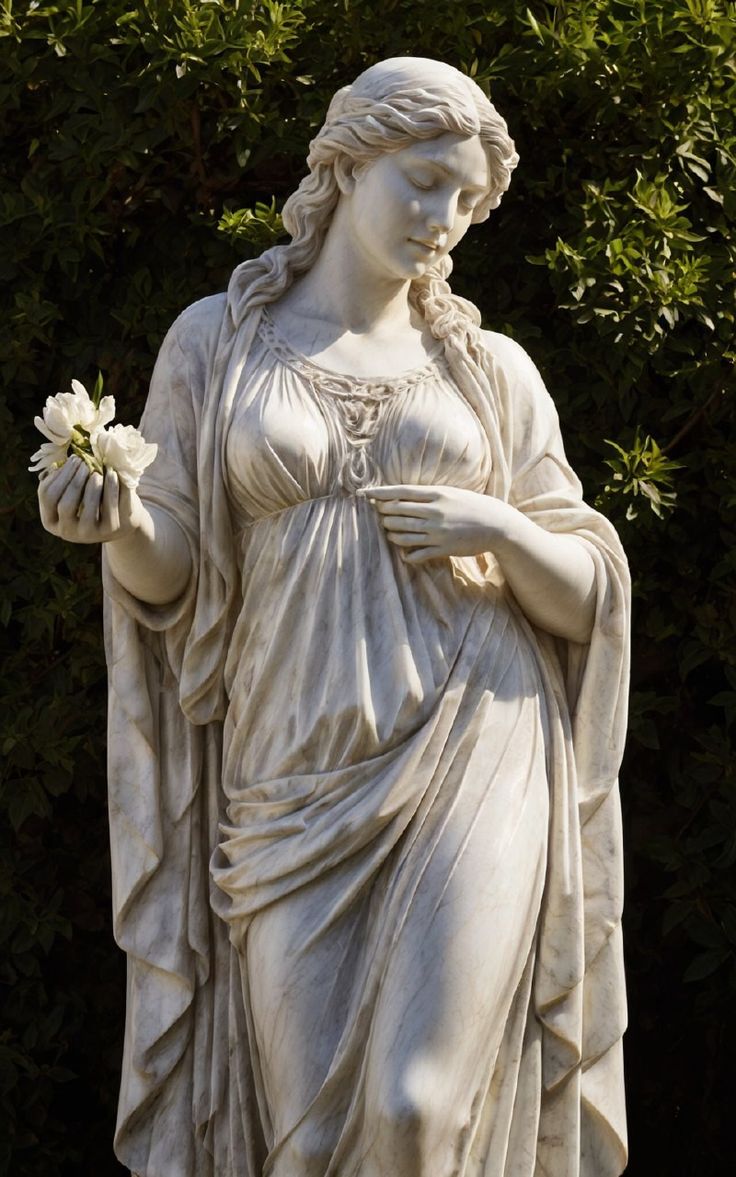 a white statue with a flower in her hand