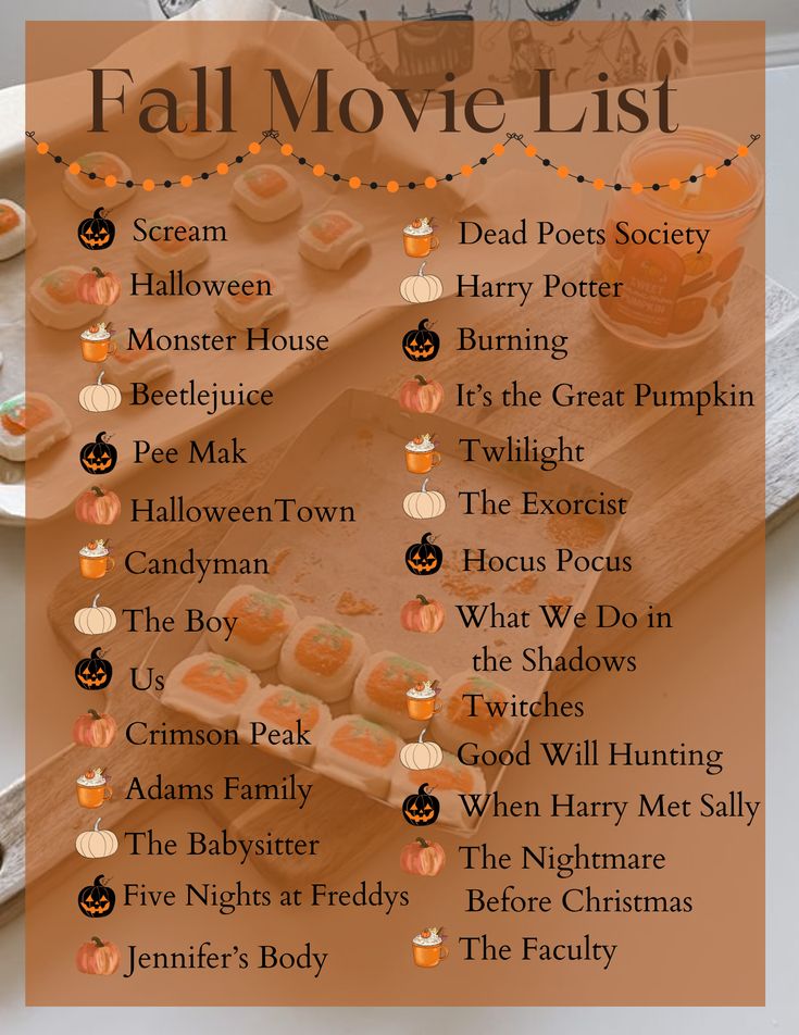 a halloween movie list with pumpkins and jack - o'- lanterns on it