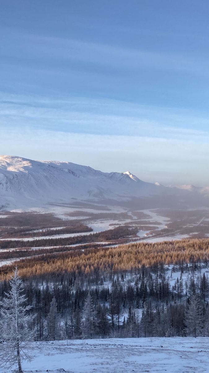 a snowy landscape with mountains in the distance and trees on the other side that are covered in snow