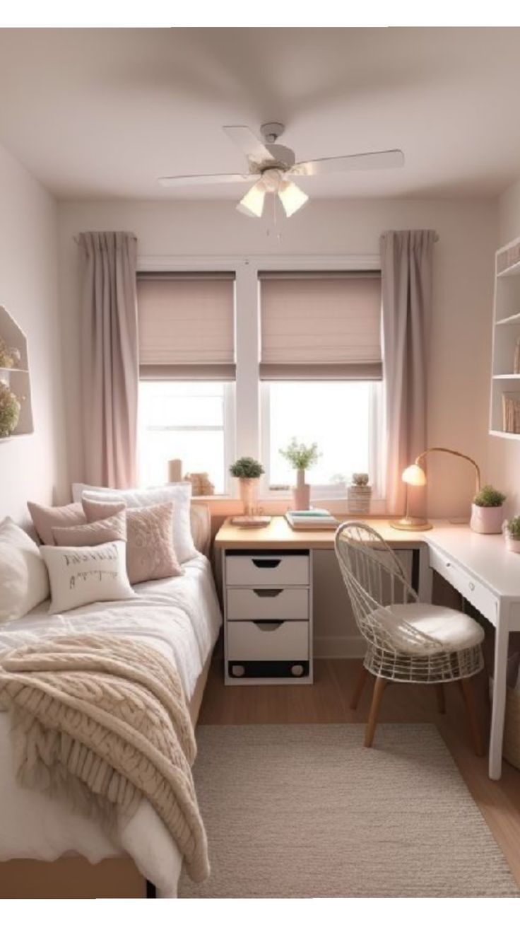 a bedroom with a bed, desk and chair in it's corner area next to a window