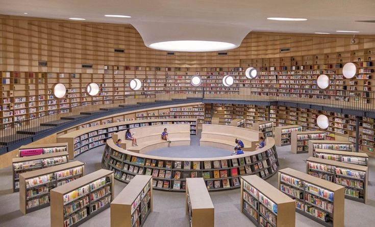 the circular library is filled with many books