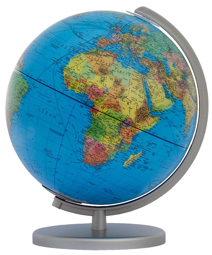 a blue and yellow globe on a stand with the map of the world in it