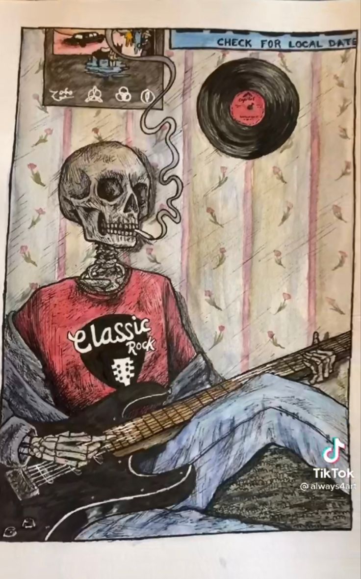 a drawing of a skeleton playing a guitar