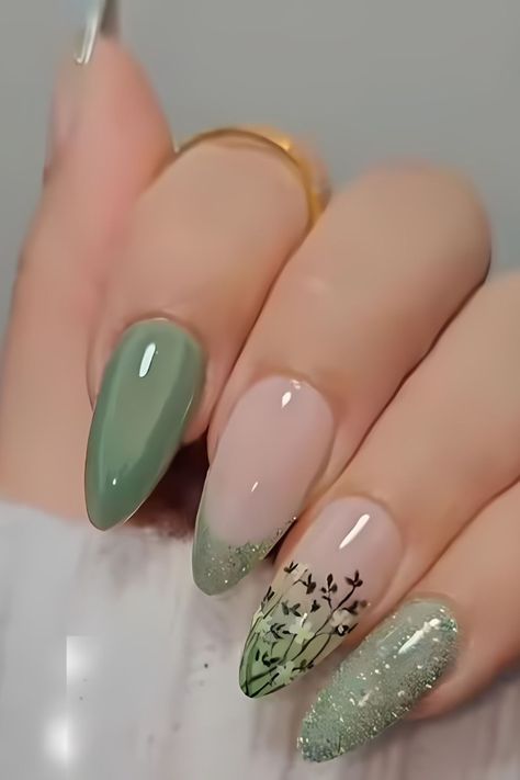 Nails That Would Go With A Green Dress, Nail Art Designs Sage Green, Sage Green Gel Nails Ideas, Dusty Sage Green Nails, Sage Green Ombré Nails, Korean Nail Art Green, Sage Green Winter Nails, Gold And Sage Green Nails, Sage Green And Beige Nails