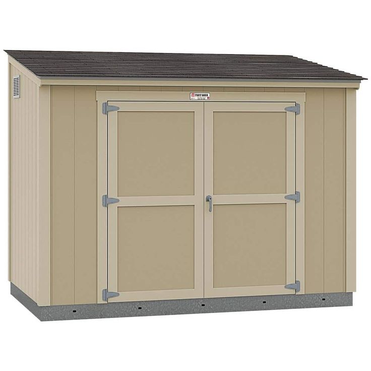 a tan storage shed with two doors on each side and one door open to reveal the inside