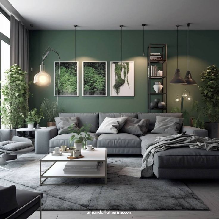 a living room with green walls and furniture