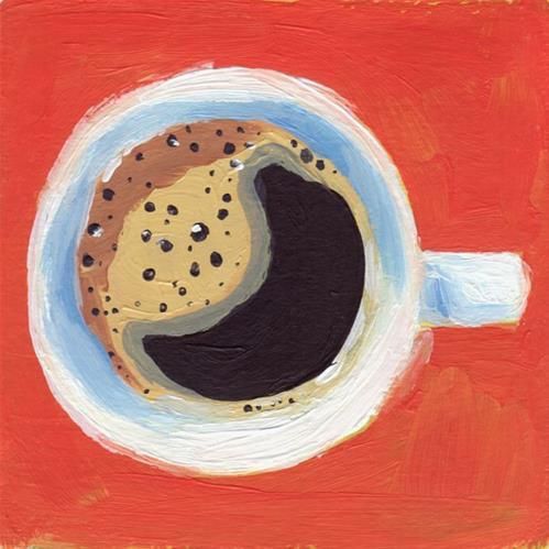 a painting of a cup of coffee with cookies in it on an orange background,