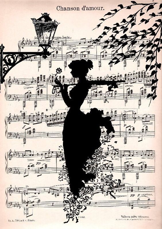 an old sheet music cover with a woman holding a flute in front of musical notes