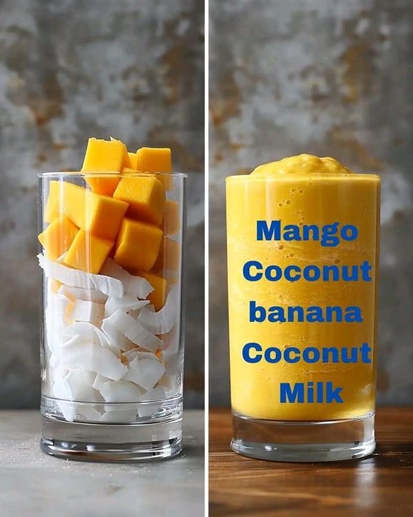 two shots of mango and coconut in a glass next to a canister filled with coconut milk