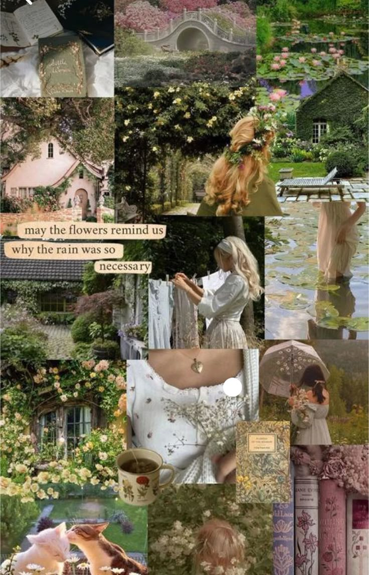 a collage with many different pictures and words on it, including flowers in the background