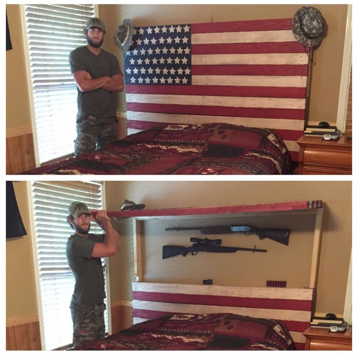 two pictures of a man standing in front of a bed with an american flag on it