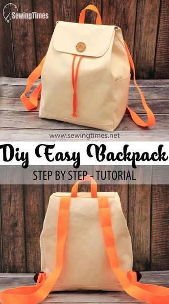 the diy easy backpack is made with two different types of canvas and an orange strap