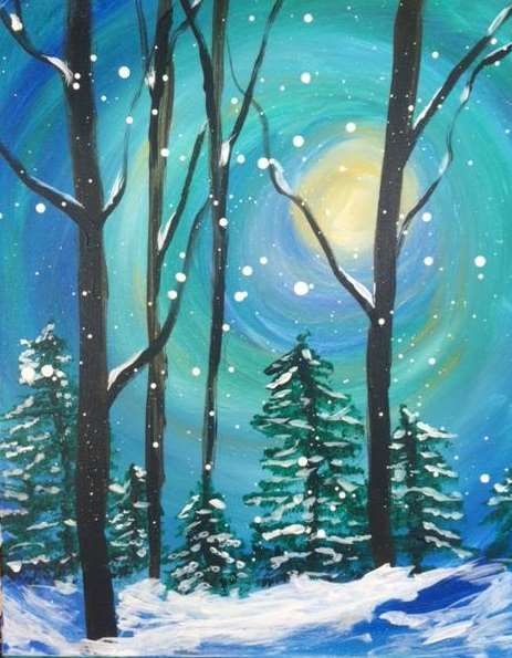 a painting of snow covered trees and the night sky