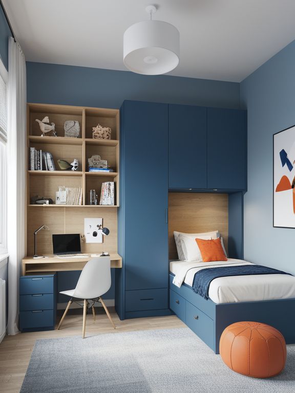 a bedroom with blue walls and built - in bookshelves, a white chair, an orange ball on the floor