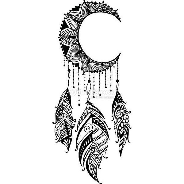 a black and white drawing of a crescent moon with feathers hanging from it's sides