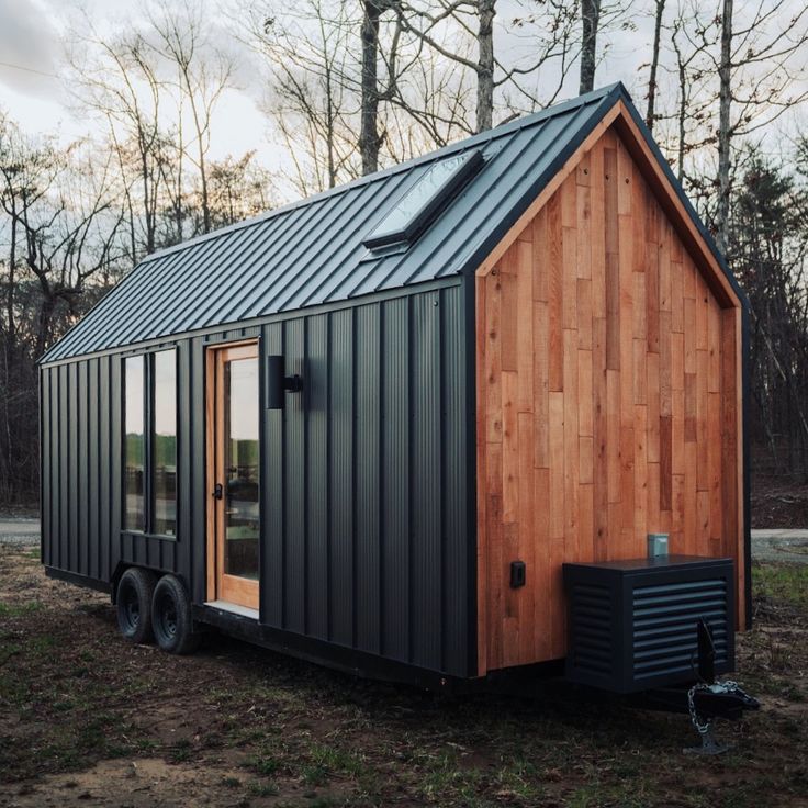 the tiny house is made out of wood and metal