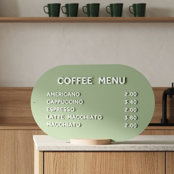 there is a sign that says coffee menu on the counter in front of some cups