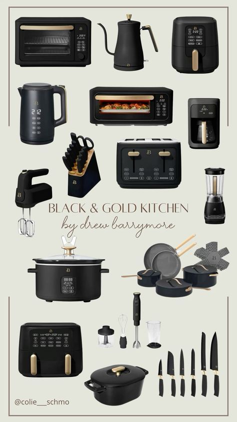 Drew Barrymore Appliances Black, All Black Kitchen Appliances, Black Accessories Kitchen, Black Kitchen Essentials, Black Kitchen Utensils Aesthetic, Black And White Kitchen Appliances, Kitchen Stuff Aesthetic, Beautiful Appliances Drew Barrymore, Black Kitchen Supplies