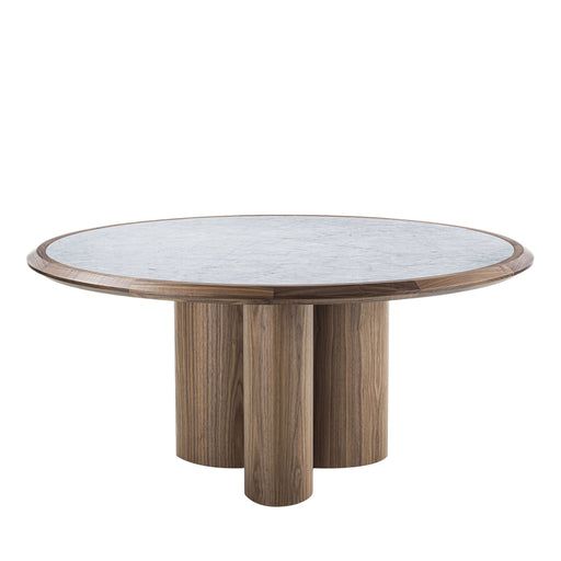 a round marble table with two wooden pillars on each side and a circular glass top