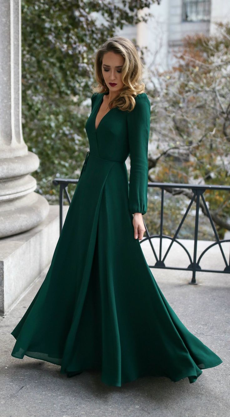 30 DRESSES IN 30 DAYS: Black Tie Wedding Guest // Emerald green long-sleeved floor-length wrap dress, black and gold geometric pattern evening clutch, multicolor beaded statement earrings, black velvet kitten heel pumps with bow detail {Miu Miu, Zara, Reformation, black tie wedding, formal wedding guest, elegant dress, cocktail dress, winter style, nyc fashion blogger, ootn} Wedding Dress Black, Green Wedding Dresses, Black Tie Wedding Guests, 파티 드레스, V Neck Prom Dresses, Black Tie Dress, Black Wrap, Black Tie Wedding, Dress Coat