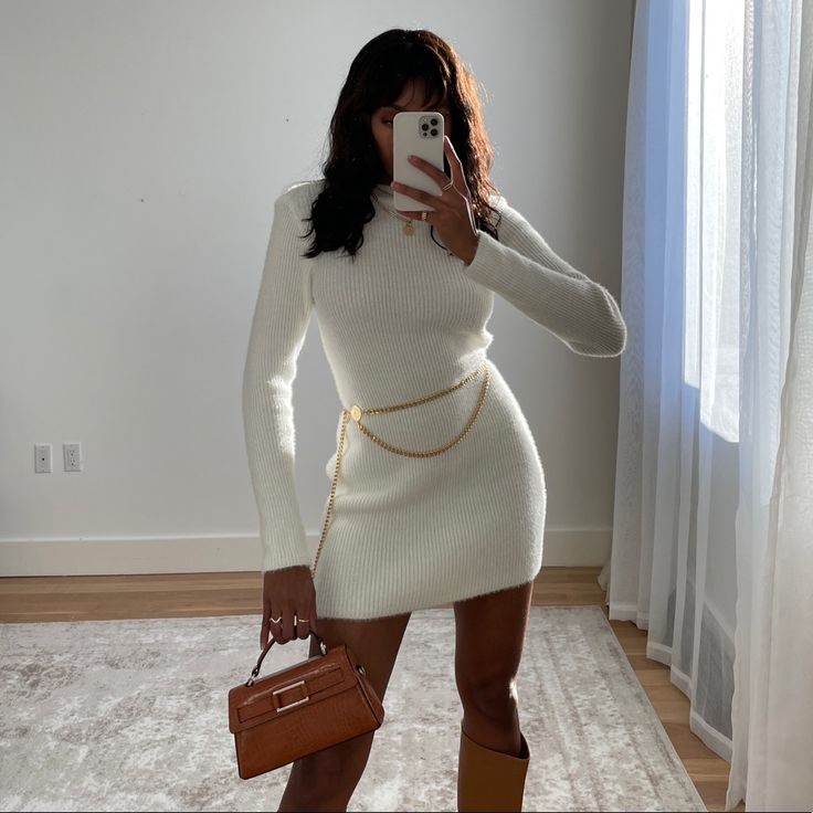 White Cozy Sweater Dress. Perfect In Fall/Winter With A Pair Of Over The Knee Boots And Long Coat. Wear With Sneakers On Warmer Days Where You Don’t Need High Boots Or Coat. New With Tag Attached. Off White Sweater Dress, Chic Fitted Sweater Dress For Winter, Boots And Sweater Dress, Fitted Chic Sweater Dress For Winter, Sweater Dress With Jacket, White Fitted Mini Dress For Winter, Fitted White Mini Dress For Winter, Fitted White Sweater Dress For Fall, Chic Mini Sweater Dress For Winter