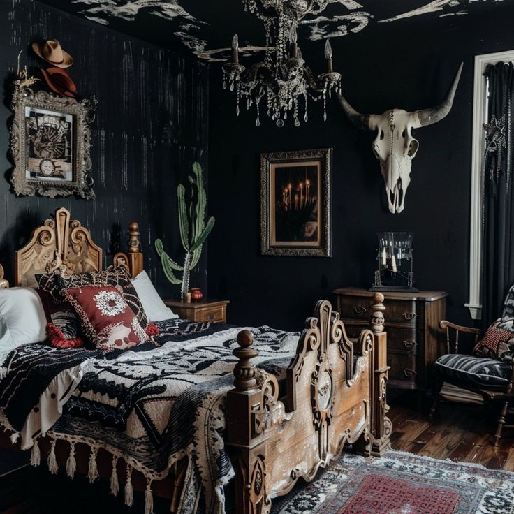 a bed room with a neatly made bed and a cow skull hanging on the wall