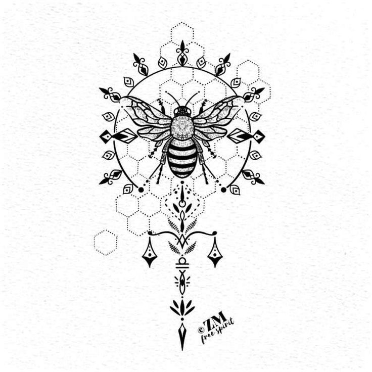 a black and white drawing of a bee with geometric designs on it's back