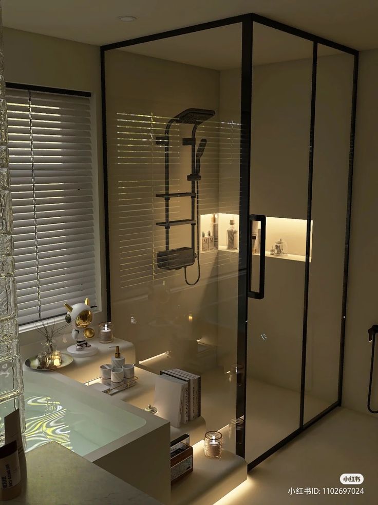 a bathroom with a walk in shower next to a sink and window covered by blinds