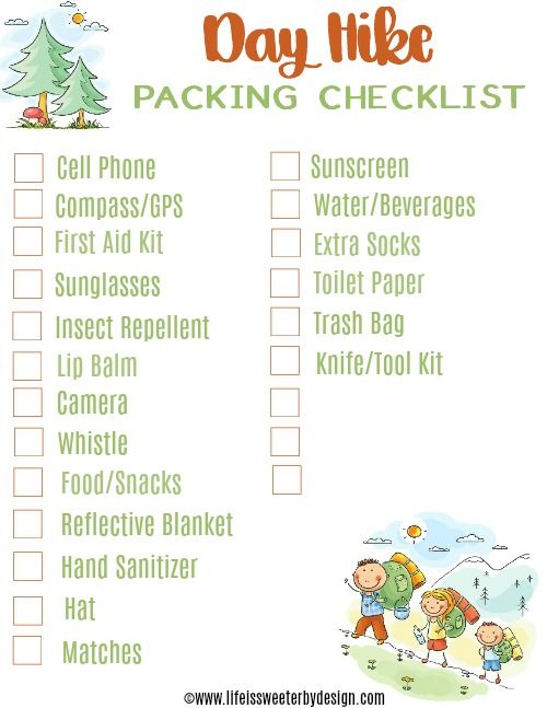 a printable camping checklist with the words, day hike packing checklist on it