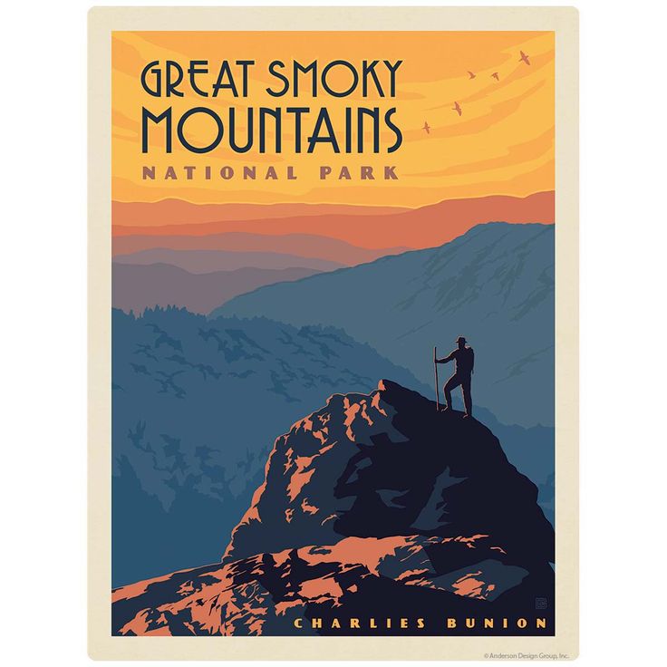 the great smoky mountains national park poster is displayed on a wooden background with wood planks