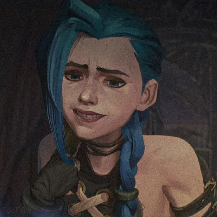 an animated woman with blue hair and piercings on her face, looking at the camera