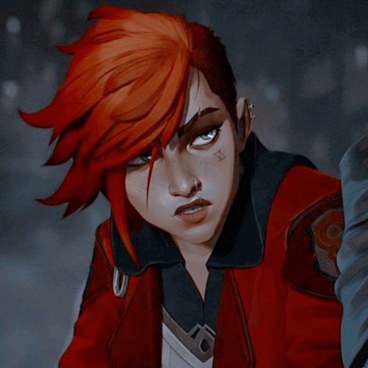 an animated character with red hair and piercings