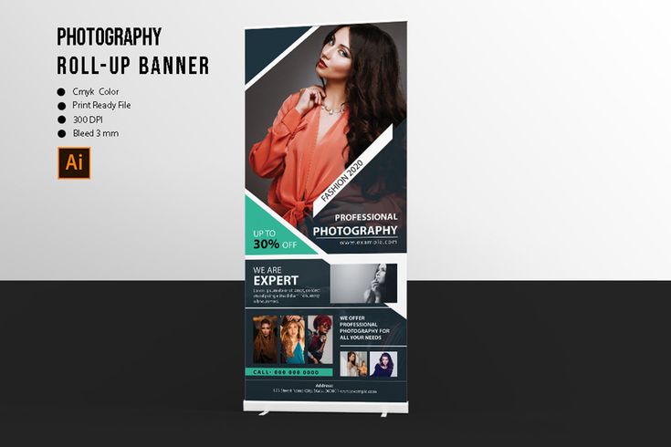 a roll up banner is shown with an image of a woman