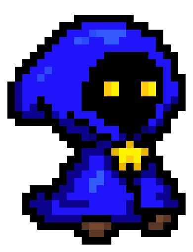 an old school pixel art style character in blue and black with yellow eyes, wearing a purple