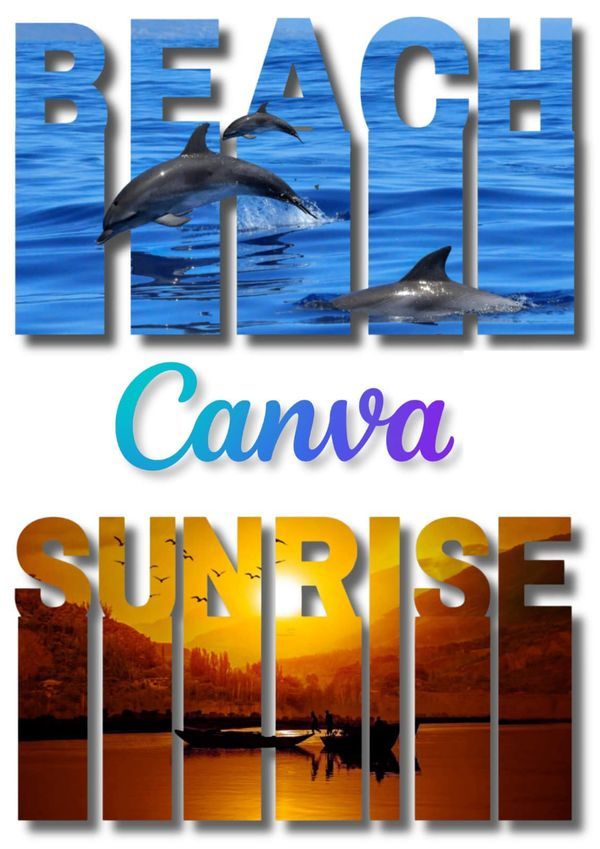 the words beach canva sunrise and dolphins