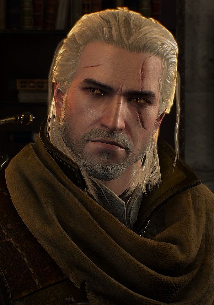 an image of a man with white hair wearing a cloak and looking at the camera