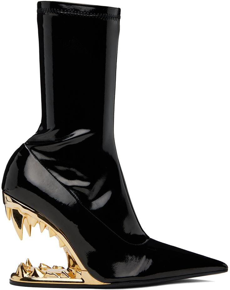 Mid-calf stretch vinyl boots in black. · Pointed toe · Leather insole · Covered sculptural heel · Leather sole with rubber injection · Heel: H4 Supplier color: Nero Luxury Mid-calf Boots With Sculpted High Heel, Vinyl Boots, Shane Justin, Shoes Wishlist, Calf Stretches, Shoe Wishlist, Black Tweed, Character Ideas, Cute Casual Outfits