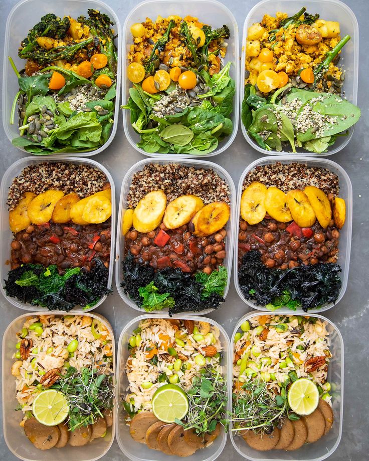 six plastic containers filled with different types of food and veggies on top of each other