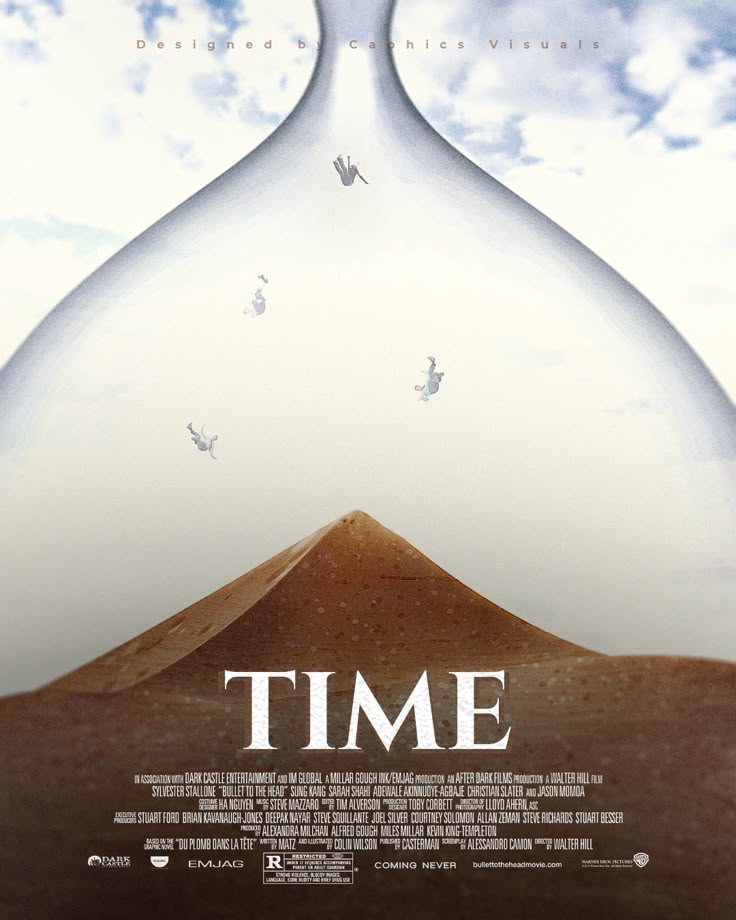 an hourglass with the word time in front of it and birds flying over it