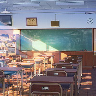 an empty classroom with desks and chairs in front of a chalkboard on the wall