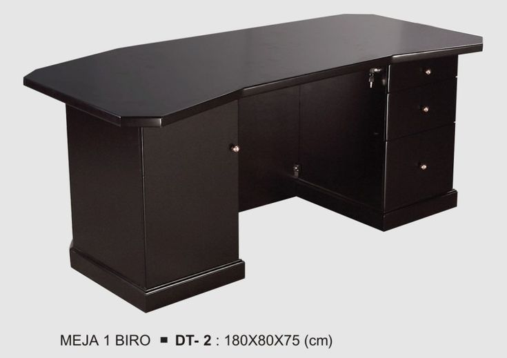 the desk is black and has two drawers on one side, and an open drawer on the other