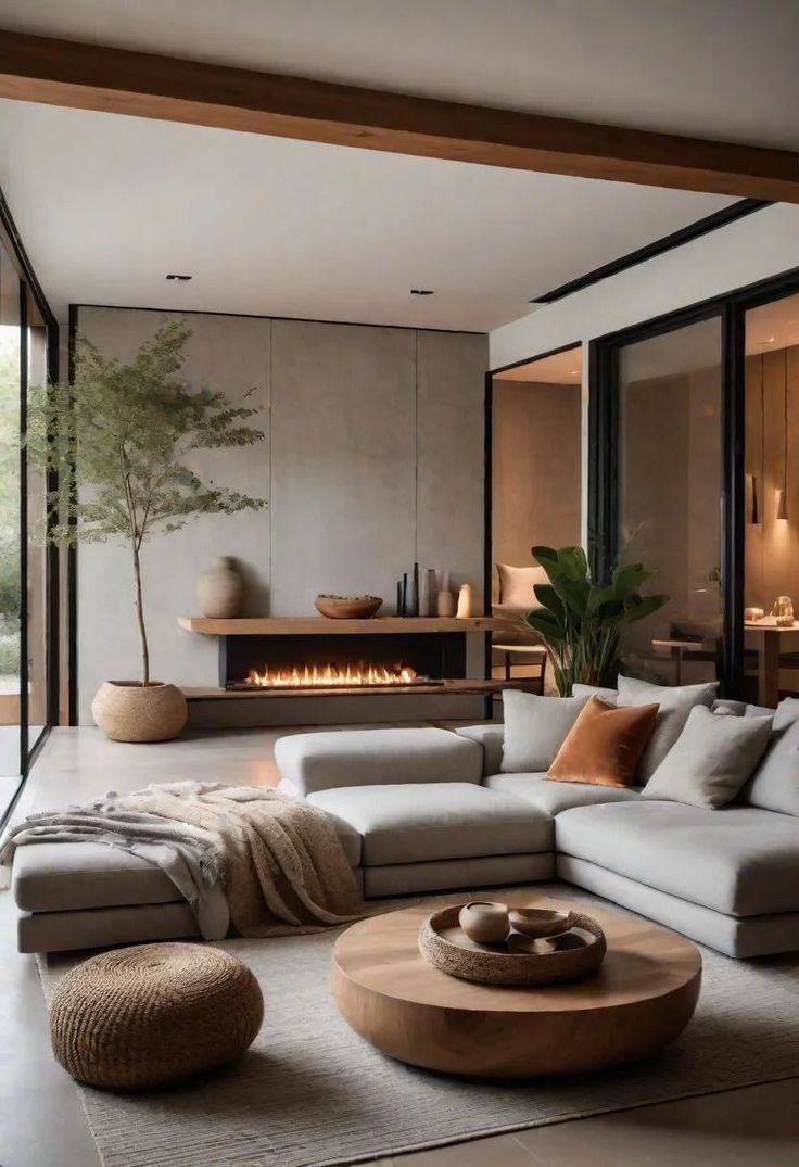 a living room filled with furniture and a fire place in the middle of it's wall