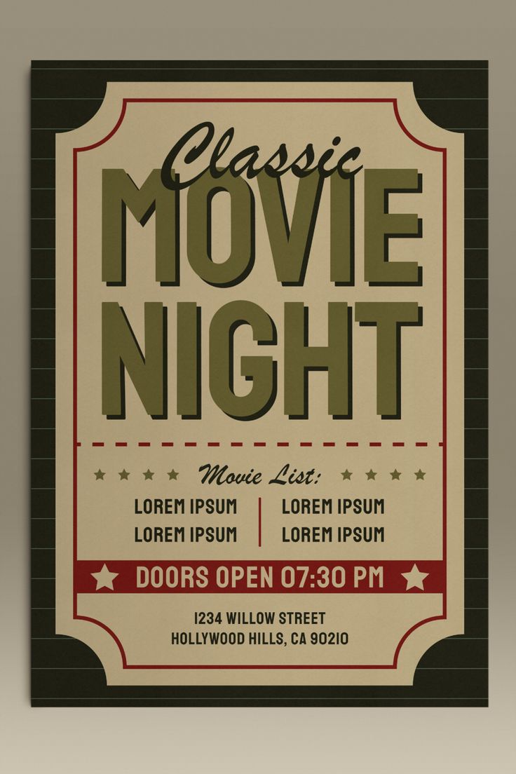 retro old vintage classic movie night event a4 poster design template design ideas by SSST! Graphic Old Cinema Poster, Movie Club Poster, Creative Movie Poster Design Ideas, Nostalgic Poster Design, Film Club Poster, Movie Night Graphic, Club Posters Design, Vintage Cinema Poster, Graphic Design Posters Event