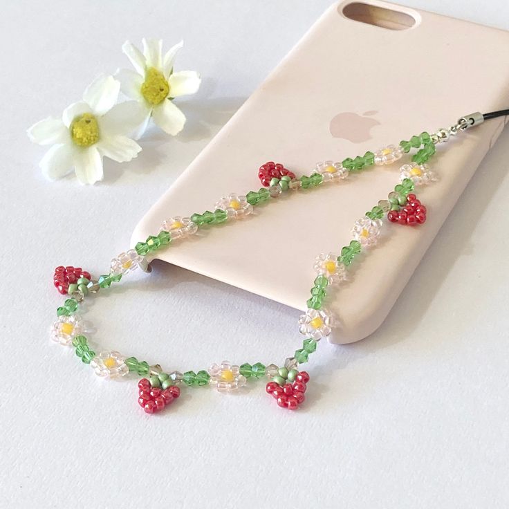 Flower Cottagecore, Strawberry Flowers, Cherry Strawberry, Strawberry Flower, Strawberry Charm, Flower Mobile, Phone Straps, Fruit Flowers, Handmade Sellers