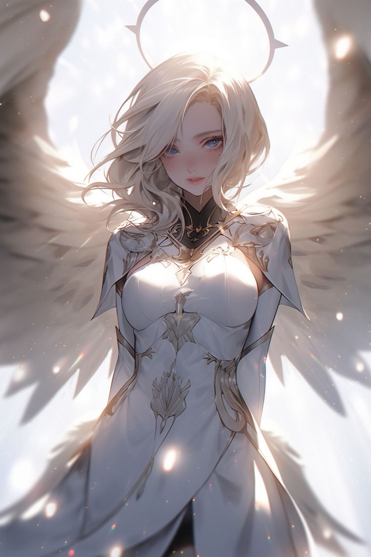 an angel with white hair and wings standing in front of a bright light filled sky