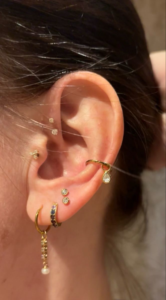 My ear curation with double forward helix, tragus, conch ring, lobes and stacked lobes Forward Helix And Tragus Piercing, Forward Helix And Conch Piercing, Conch And Forward Helix Piercing, Forward Helix And Tragus, Forward Helix Piercing Ideas, Piercing Stacks, Stacked Lobes, Double Conch Piercing, Stacked Lobe Piercing